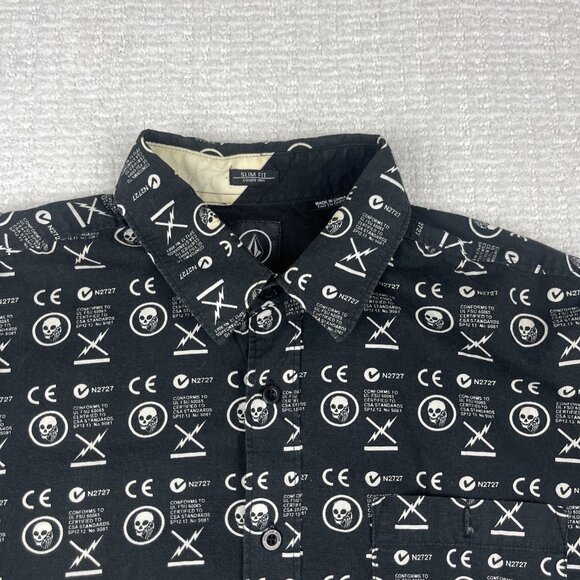 Y2K Volcom Skull Dead AOP Goth Punk Skate Mens Button Shirt Black Sz S Slim Fit - Picture 2 of 16